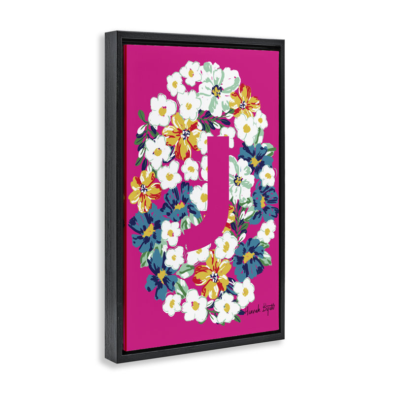 Toile flottante florale avec lettre «J» par Hannah Louise Byatt, Cadre flottant noir de jais, H 31 po x l 21 po