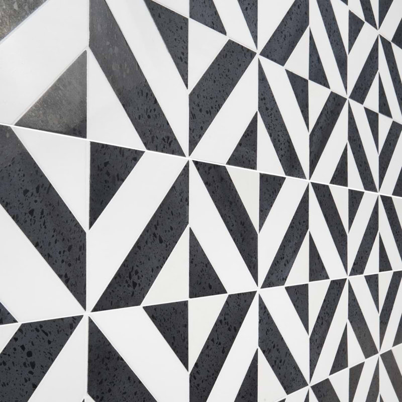 Cleopatra 12x12 Diagonal Polished Encaustic Look Marble Mosaic Tile, Diagonal Pepper Black