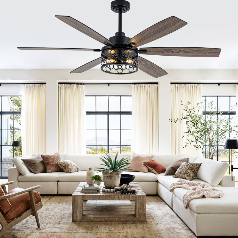 Grand ventilateur de plafond de 60 pouces avec lumières et télécommande, ventilateur de plafond noir réversible à 6 vitesses pour patio