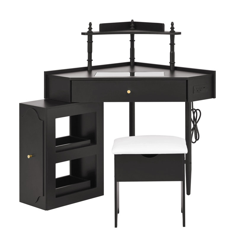 Corner Vanity Desk Set With Storage Cushioned Stool And Charging Station, Triangle Makeup Desk With Removable Pull-Out Side Cabinet, Glass Tabletop Makeup Vanity Desk With Drawer And Shelf