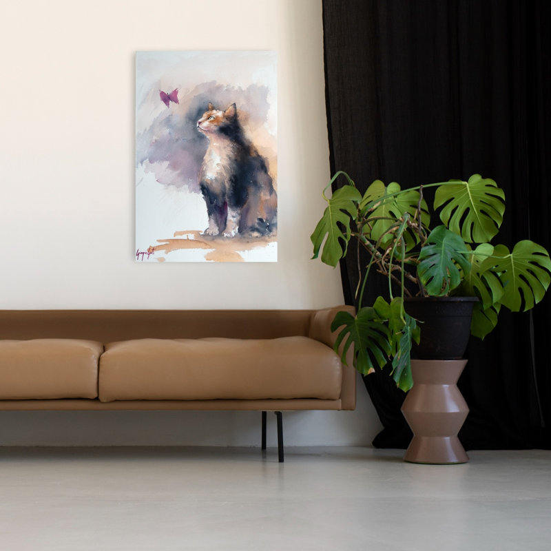 «Curious Cat and Butterfly Playful Contemporary Butterfly Cat Nature Portrait», reproduction d'art mural, 48" H x 32" W