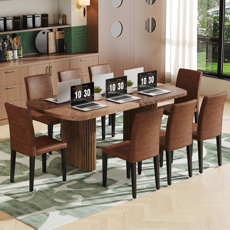 Ensemble de table de salle à manger à double caisson, Brun / Noir, 9 pièces : table, 8 chaises