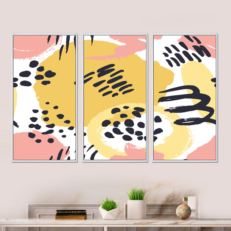 Ensemble de 3 reproductions d'art rétro encadrées sur toile jaune et rose