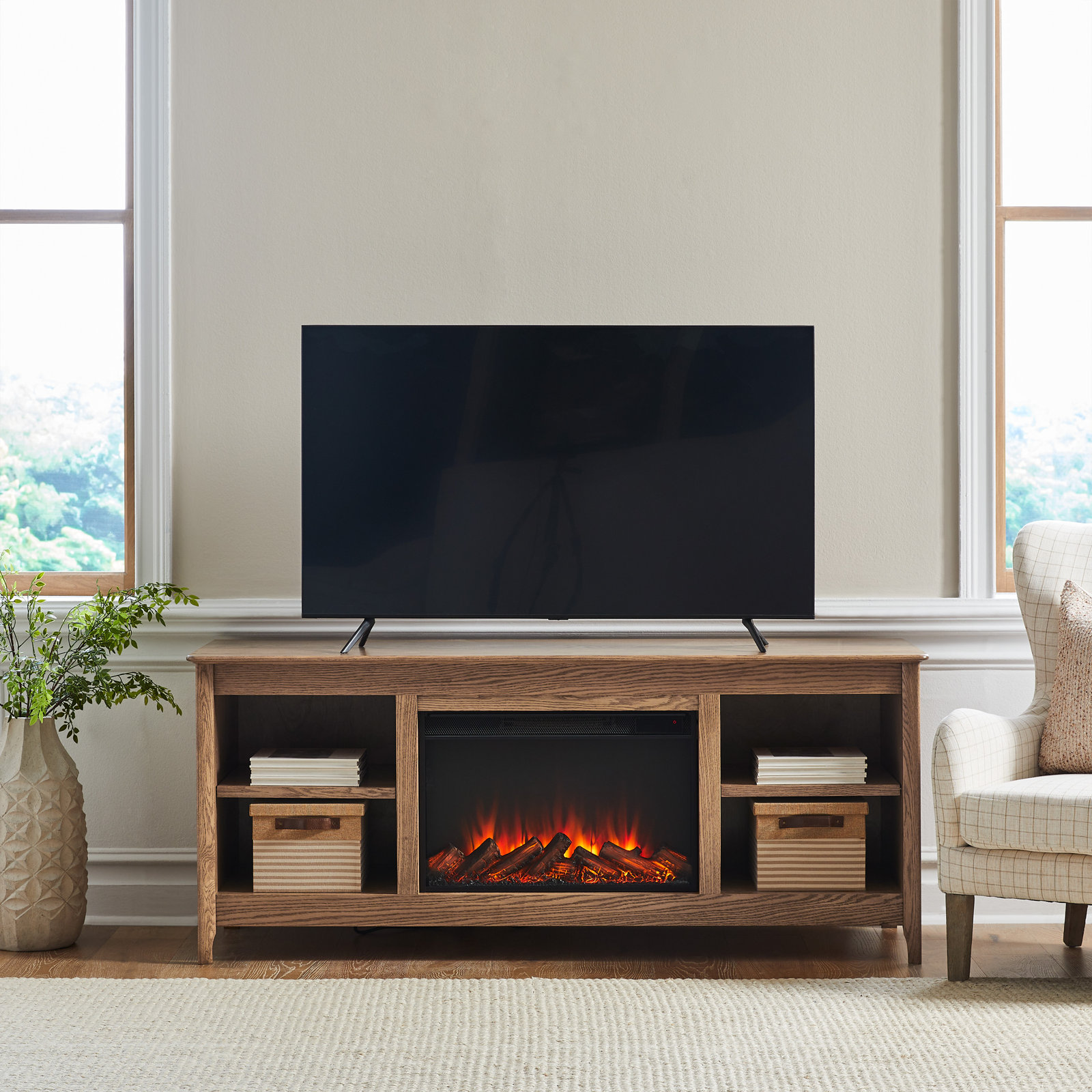Fraley Electric Fireplace TV Stand, Tan Oak