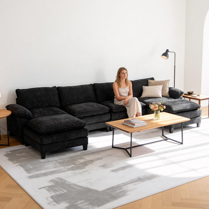 Canapé modulaire de 113 po avec housses amovibles en tissu de lin 113 po, H 37,6 po x l 113 po x P 53 po, Mélange de lin noir