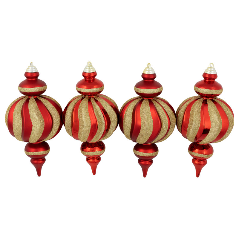 Shatterproof Commercial Size Finial Christmas Ornaments - 10" - Set Of 4, Red/Gold