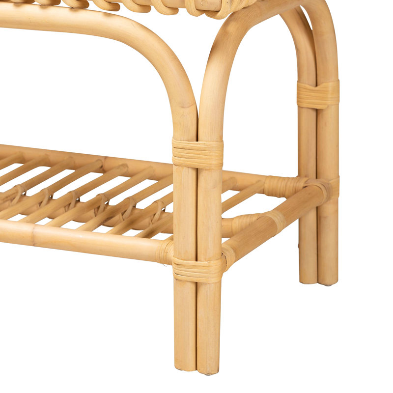 Banc d'appoint moderne de style bohémien avec construction naturelle, siège rectangulaire, une tablette ouverte, ornements enroulés et structure ajourée, couleur brune, 16,38 po de profondeur, 39,36 de largeur, 18,54 de hauteur, 13,95 lb