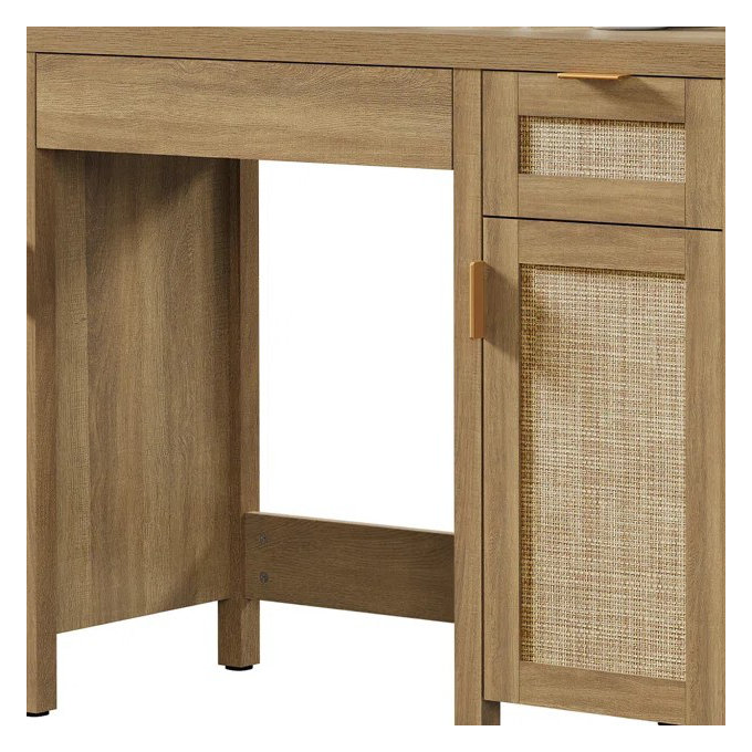 Bohemian Rattan 3-Drawer And 2-Cabinet Makeup Vanity Desk With Adjustable Shelves - Natural Oak