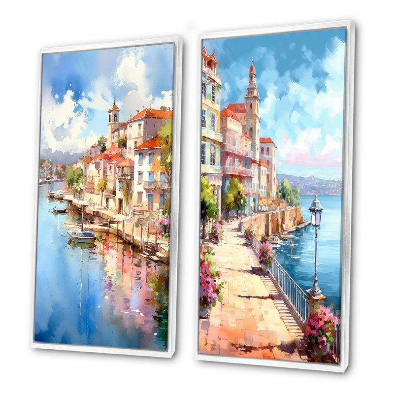 Sunny Port In Italy - ensemble de 2 décorations murales en Italie, Cadre flottant blanc, H 32 po x l 33 po