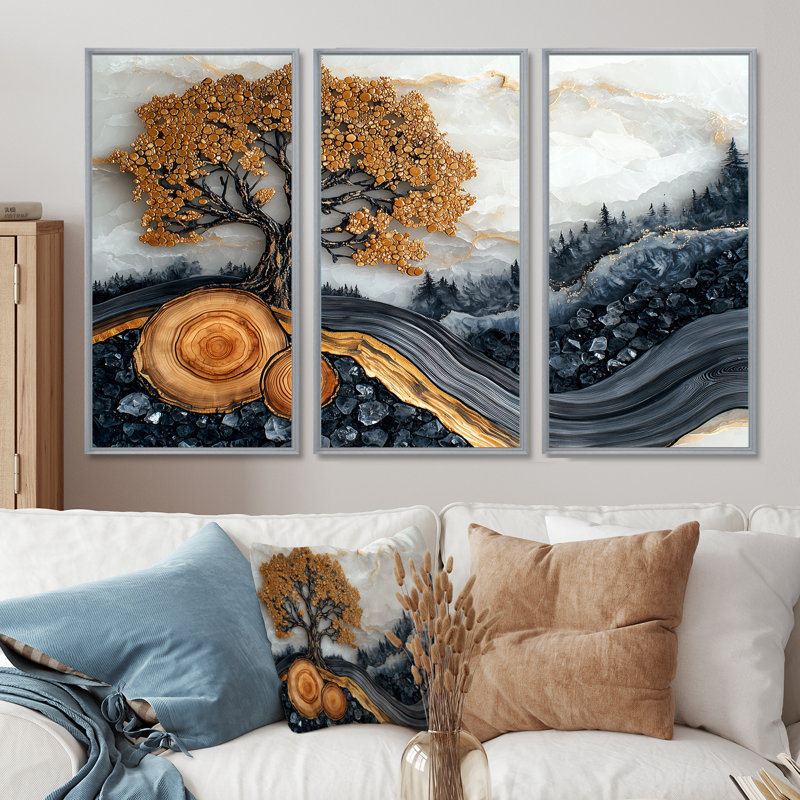 Automne cerisier en fleurs dans un bois I - art mural cerisier en fleurs - ensemble de 3, H 32 po x l 48 po, Argent argent