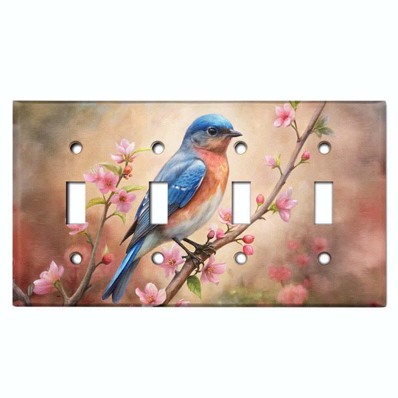 Couvercle de plaque d'interrupteur en métal; Bascule à 4 bandes US standard - oiseau bleu sur une branche, # 4 Quad bascule