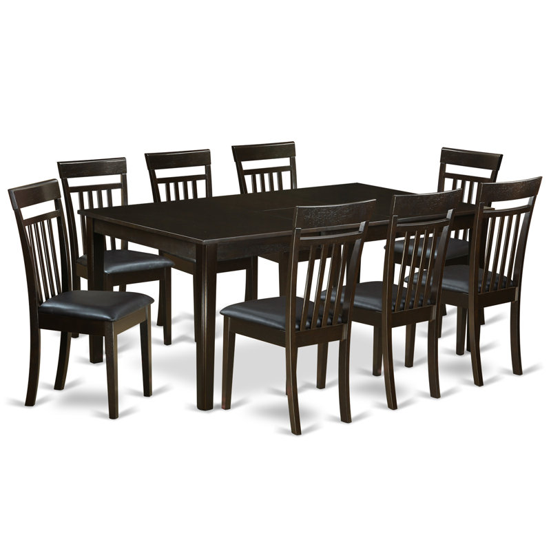 9 Piece Kitchen Table Set Includes a Rectangle Dining Table with Pedestal and 8 Faux Leather Upholstered Dining Chairs, 42x72 Inch, Cappuccino