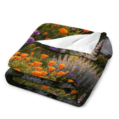 Jeté en flanelle orange coquelicots, couverture douce et chaude pour le canapé-lit du salon