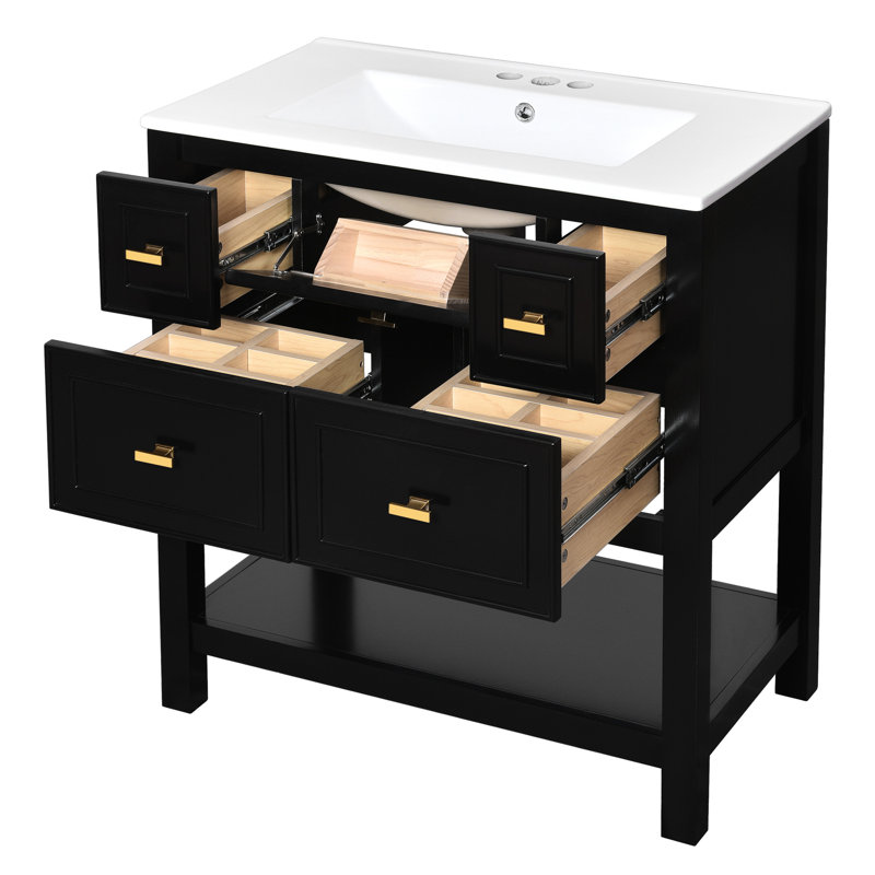 Meuble-lavabo moderne avec lavabo en céramique 30 po, 5 tiroirs avec cadre en bois massif, 30.64", Noir