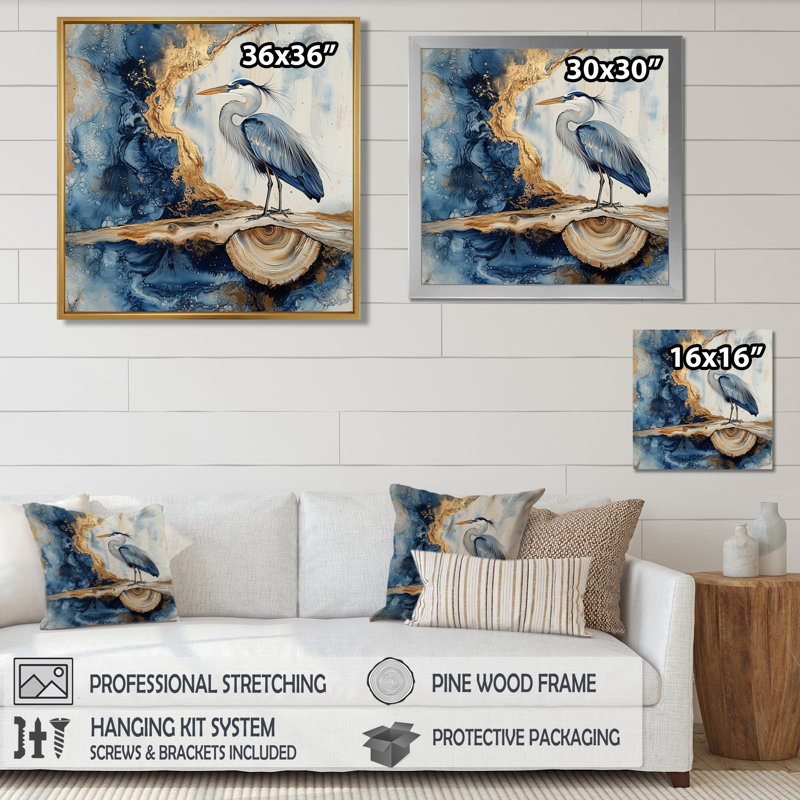 Avrilyn héron à l'encre de chine dorée paysage III - héron, art mural, H 30 po x l 30 po, Toile tendue, Ne s’applique pas