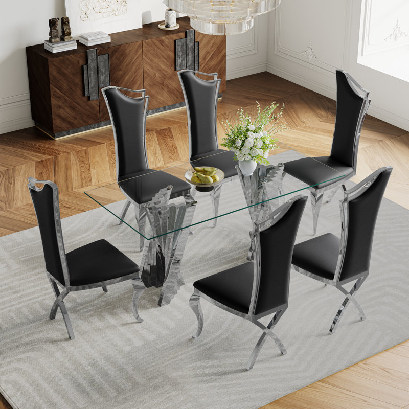 Ensemble repas, 7 pièces : table, 6 chaises, Noir / argenté, Argent argent