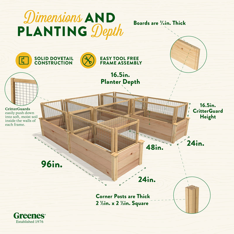 Lit de jardin surélevé en cèdre de qualité supérieure 8 pi. X 8 pi X 16,5 po Avec clôture Critterguard