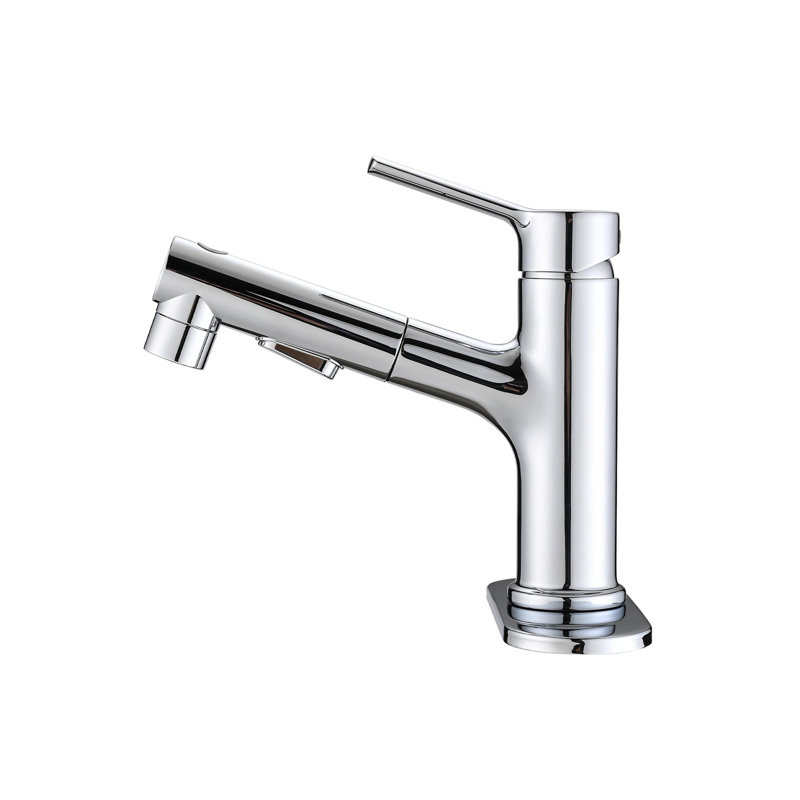 Modern Bathroom Sink Faucet with Pull-Out Sprayer and Pop-Up Drain, Chrome