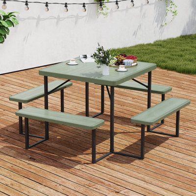 Picnic Table Bench Set For 4-8 People With Umbrella Hole All-weather Hdpe Tabletop White by Latitude Run