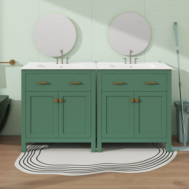 Ensemble de meuble-lavabo double 60 po avec lavabo double 60 po, tablette réglable et portes à fermeture en douceur, Vert