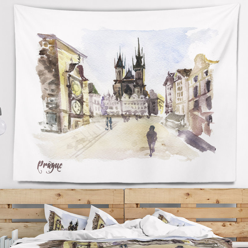 Cityscape painting prague illustration dessiné main tapisserie, H 50 po x l 60 po