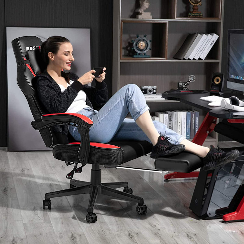 BOSSIN Gaming Chairs with Footrest, Ergonomic Computer Game Chairs with Lumbar Support, Red/Black