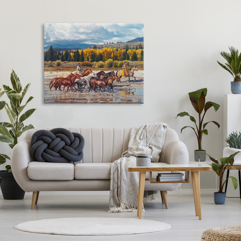Cowboys au galop, paysage de rivière sur toile, H 36 po x l 48 po x P 1,5 po