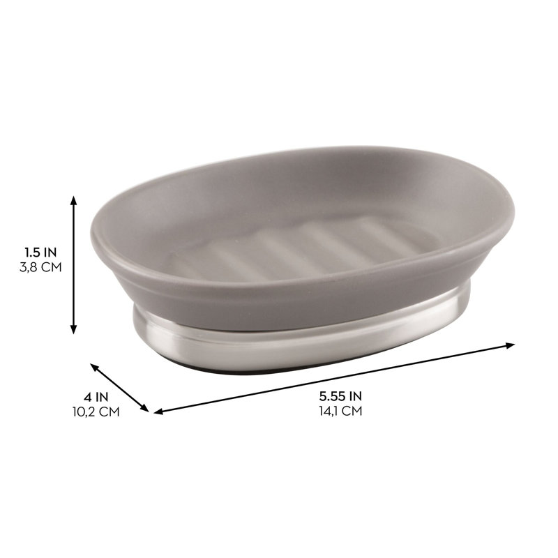 iDesign Ceramic Soap Dish for Bathroom Sink - Matte Grey/Brushed, Matte Grey/Brushed Nickel
