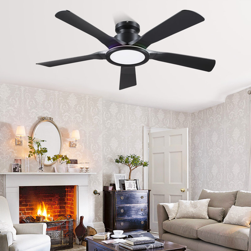 52" Black Low Profile Flush Mount Ceiling Fan With RGB Ring Light, Black with Black Blades