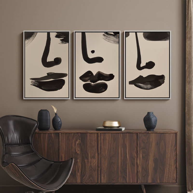 "Minimal Abstract Ink Brush" 3 pièces, reproduction d'art encadrée, H 36 po x l 24 po, Blanc