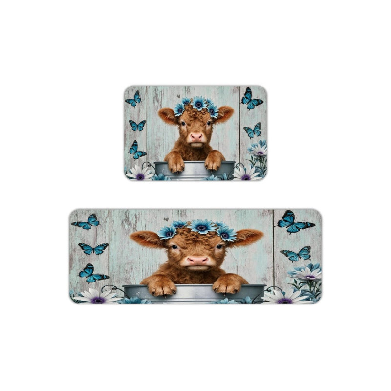 Tapis de cuisine antidérapant en veau avec couronne de fleurs, 2 pièces, Veau avec couronne de fleurs