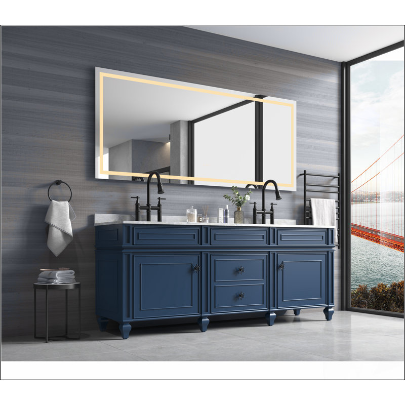Miroir de salle de bain 84 po x 40 po à DEL avec éclairage avant et arrière, antibuée, mémoire, 3 couleurs, gradation continue, meuble-lavabo mural