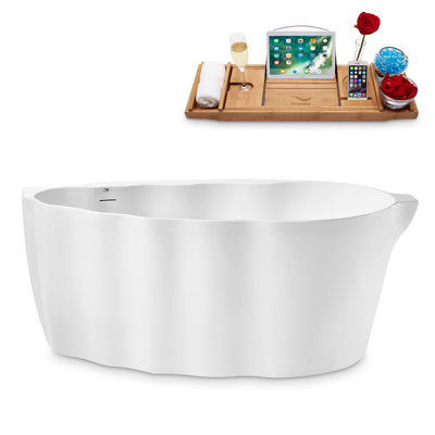 59" Streamline Freestanding Soaking Acrylic Bathtub With Drain and Bamboo Tray