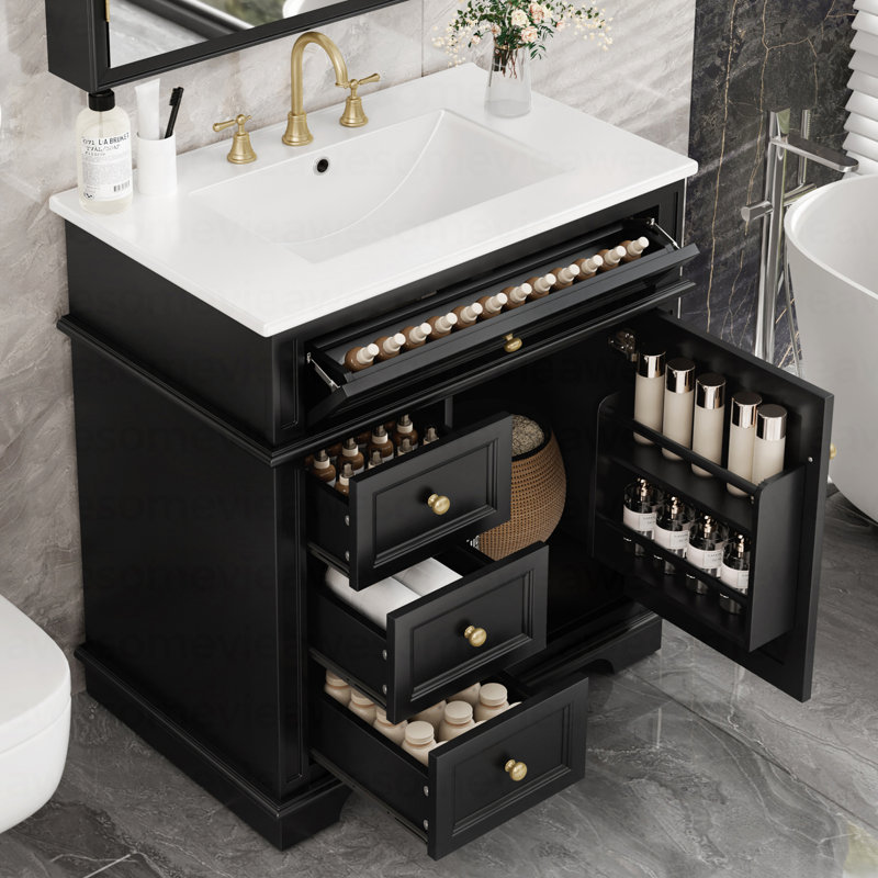 30" Bathroom Vanity With Sink, One Tip-Out Drawer, Three Drawers, Door Shelf, Soft Closing Door, Black