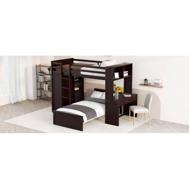 Lit mezzanine avec tablettes, bureau et garde-robe Sdalone, Tan
