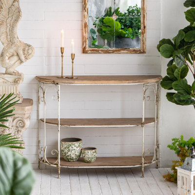 43.5x14x32" Three-Tiered Wooden Shelving Unit with Ornate Iron Frame