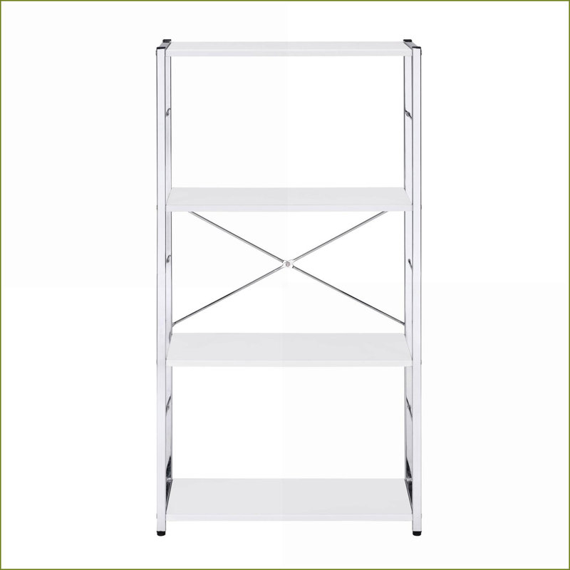 Bibliothèque, blanc moderne à 4 niveaux et blanc Chrome argenté | Bois et métal | Ouvert à l'arrière