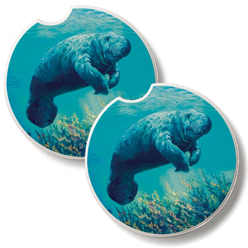 Lamantin dans la lumière du soleil, ensemble de 2 sous-verres de voiture en pierre absorbants