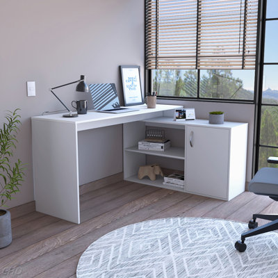 L-Shaped Desk, Single Door Cabinet, Two Open Shelves, Two Interior Shelves