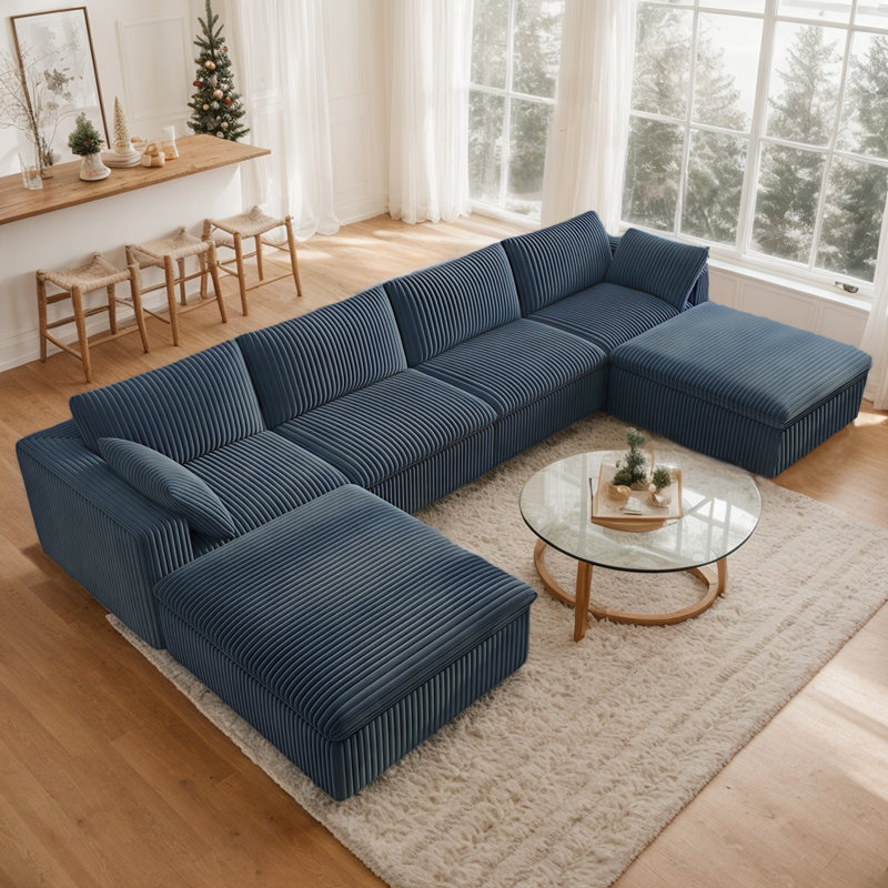 157.6" Oversized Deep Seat Upholstered Couches, Plush Corduroy Modular Sectional Sofa with Ottoman, Fluffy 4-Seater Boneless Couch for Living Room, No Assembly Required