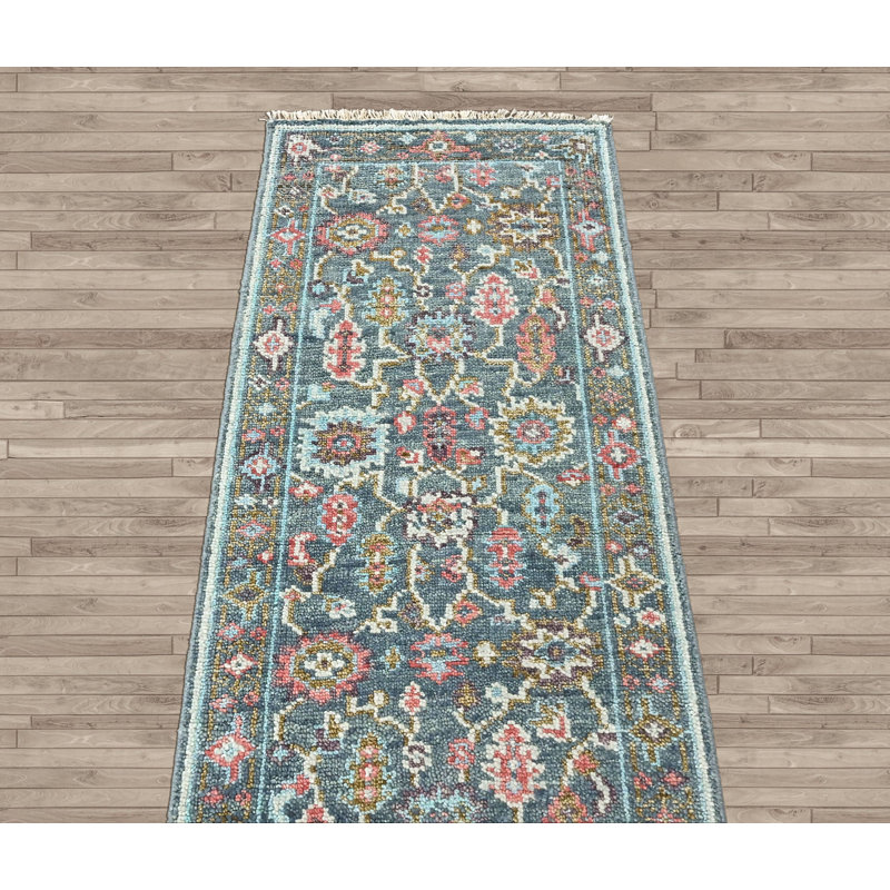 Tapis bleu sarcelle multicolore Oushak, Tapis de couloir 2 pi 6 po x 8 pi 6 po