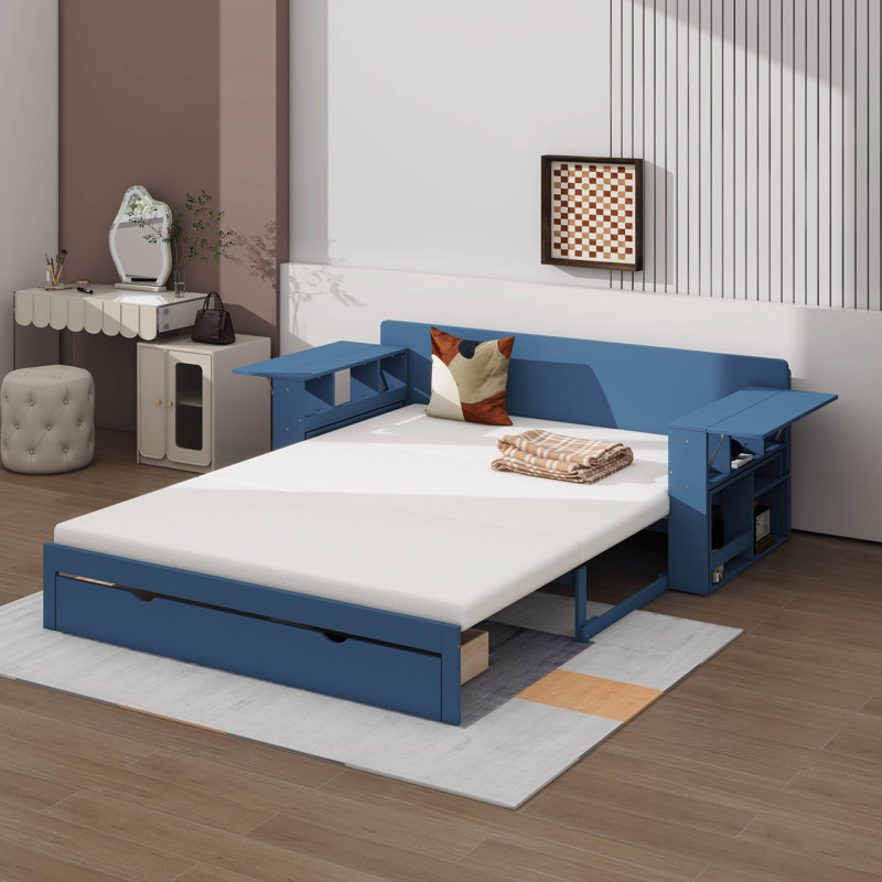 Lit de jour grand format avec bureau amovible - Comprend des tiroirs de rangement et une table d'appoint hydraulique, Grand