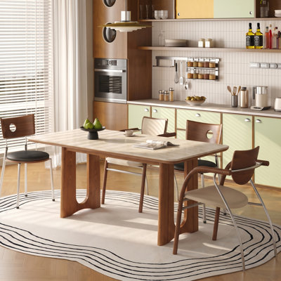 Modern Farmhouse Travertine Dining Table with U-Shaped Wood Base, 70.87" Rectangular Dining Table for 6