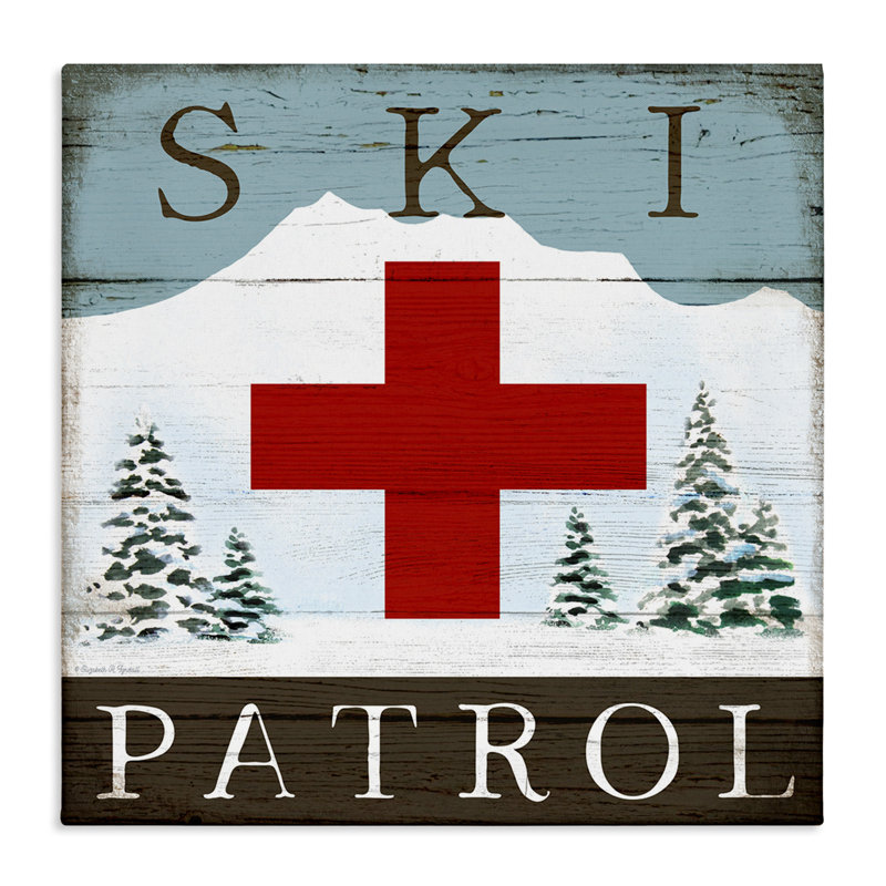 Signe de chalet de patrouille de ski rustique, montagne enneigée, montagne, encadré noir, art texturé par Elizabeth Tyndall