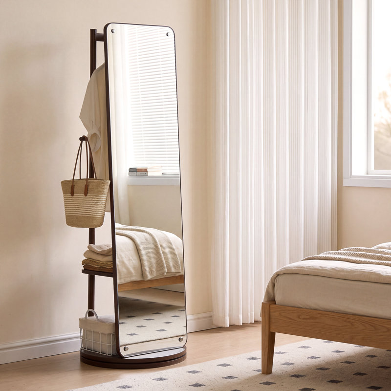 Miroir rotatif pleine grandeur avec portemanteau, miroir de rangement autoportant en bois massif pour le salon de la chambre à coucher
