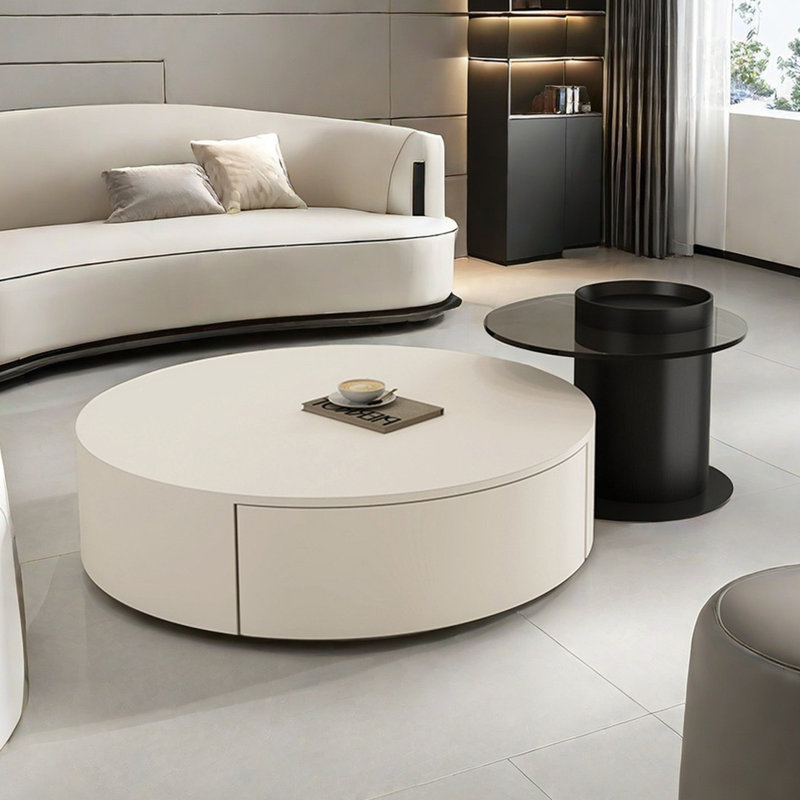Table basse moderne simple ronde, Crème, crème, H 12,2 po x L 35,4 po x l 35,4 po
