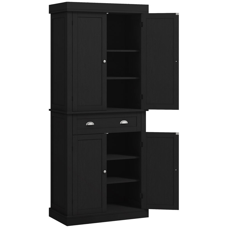 72.5" Kitchen Pantry Cabinet, Traditional Freestanding Storage Cabinet with 4 Doors, Drawer and 3 Adjustable Shelves for Dining Room, Black Wood Grain