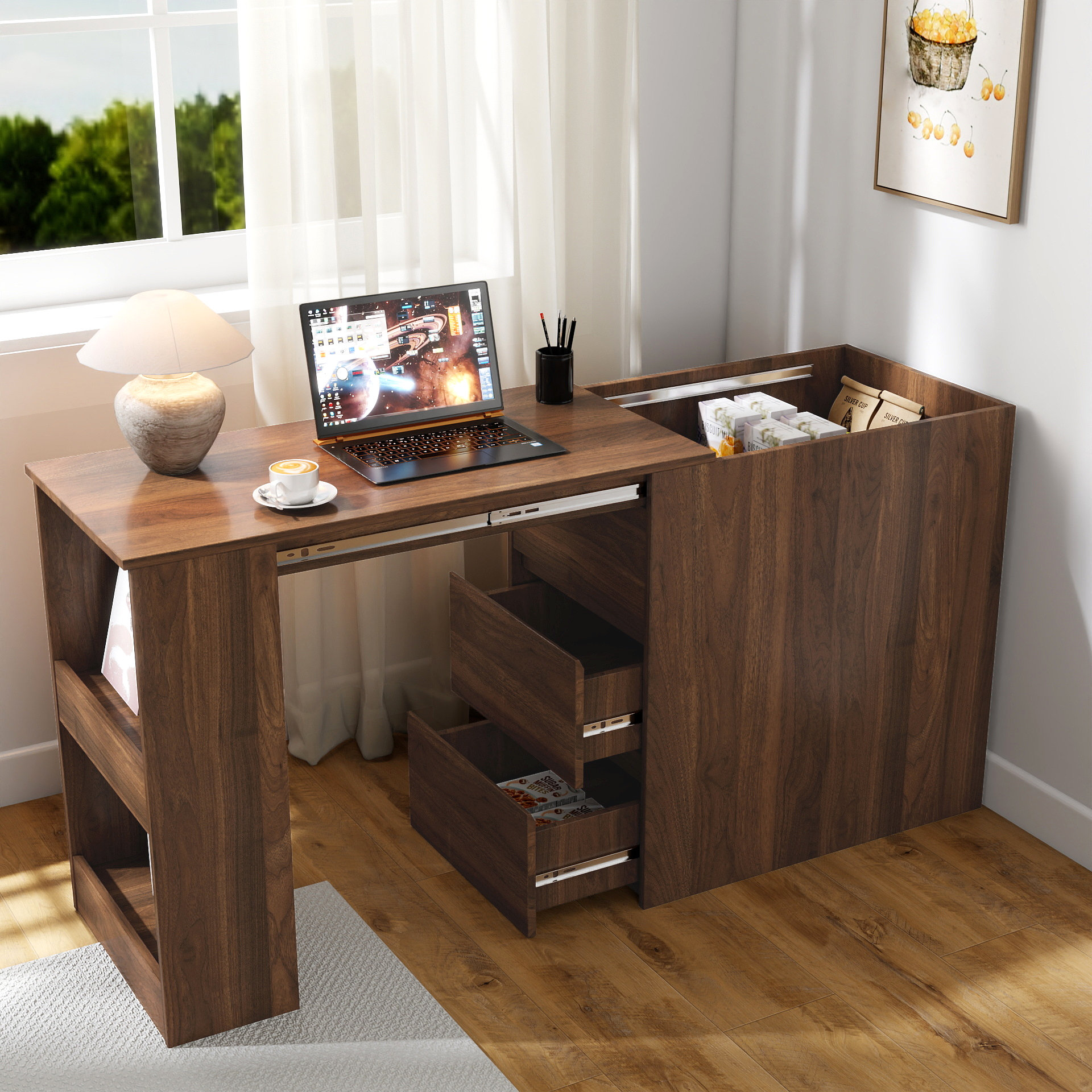 George Oliver Space-Saving Computer Desk With Drawers, Corner Home ...
