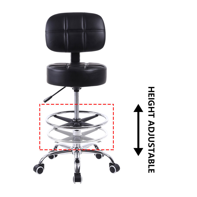 Backed Adjustable Height Ergonomic Lab Stool with Footring Wheels, Black
