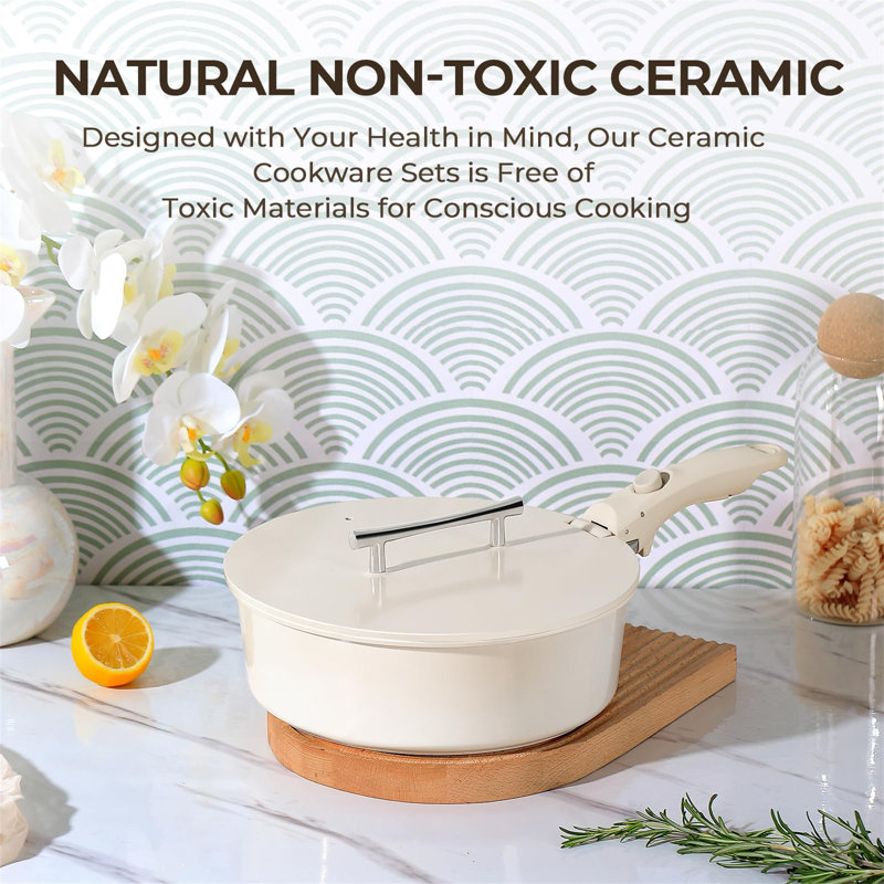 Cream Aluminum Non-Stick 12-Piece Cookware Set with Detachable Handle